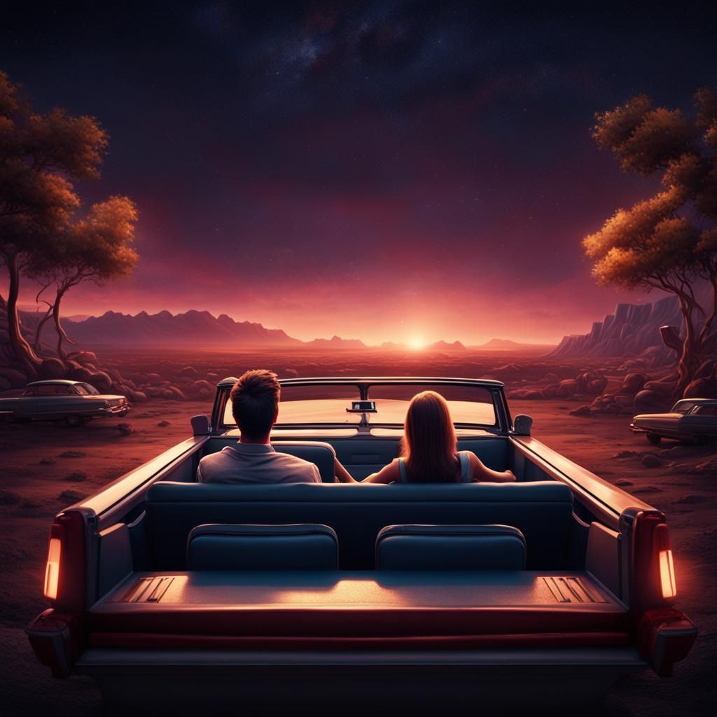Romantic Drive-In Movie Night: Detailed Digital Painting