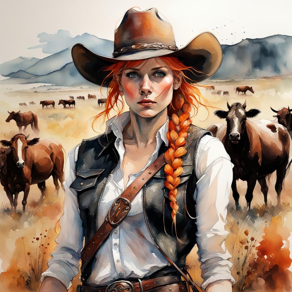Goddess Cowgirl in Watercolor and Ink Painting