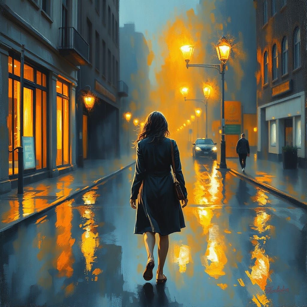 Golden City Evening in Impasto Oil