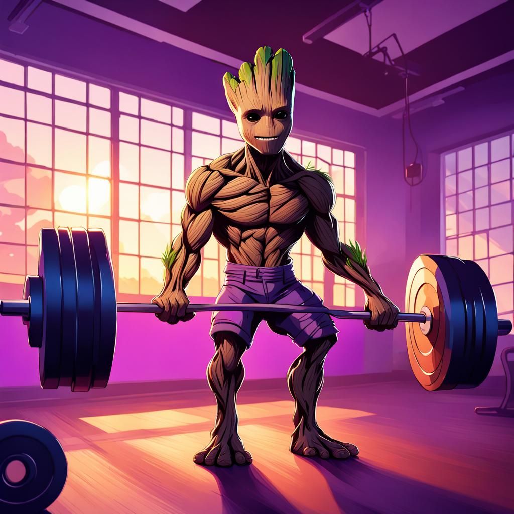 Groot at the Gym: Powerful Weightlifting Digital Portrait