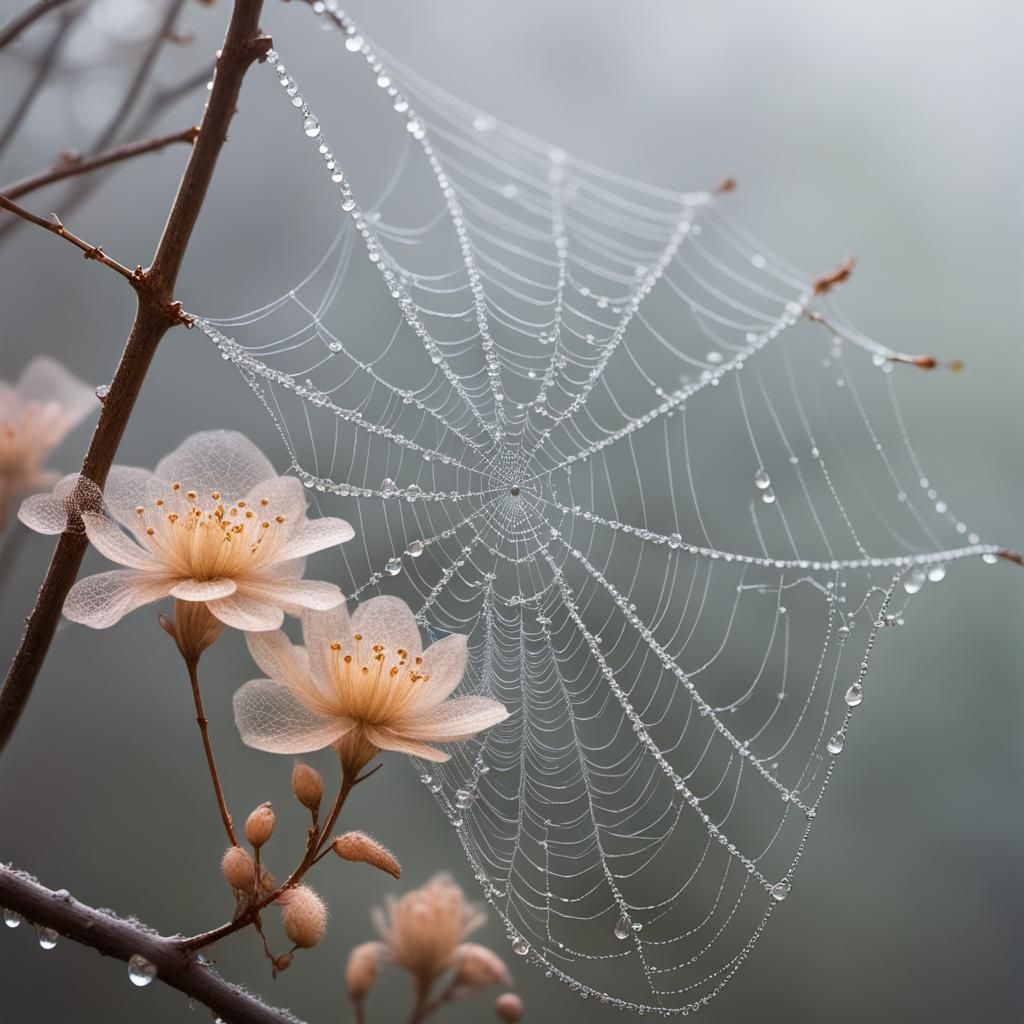Dew-Kissed Spiderweb with Gilded Ethereal Blossoms