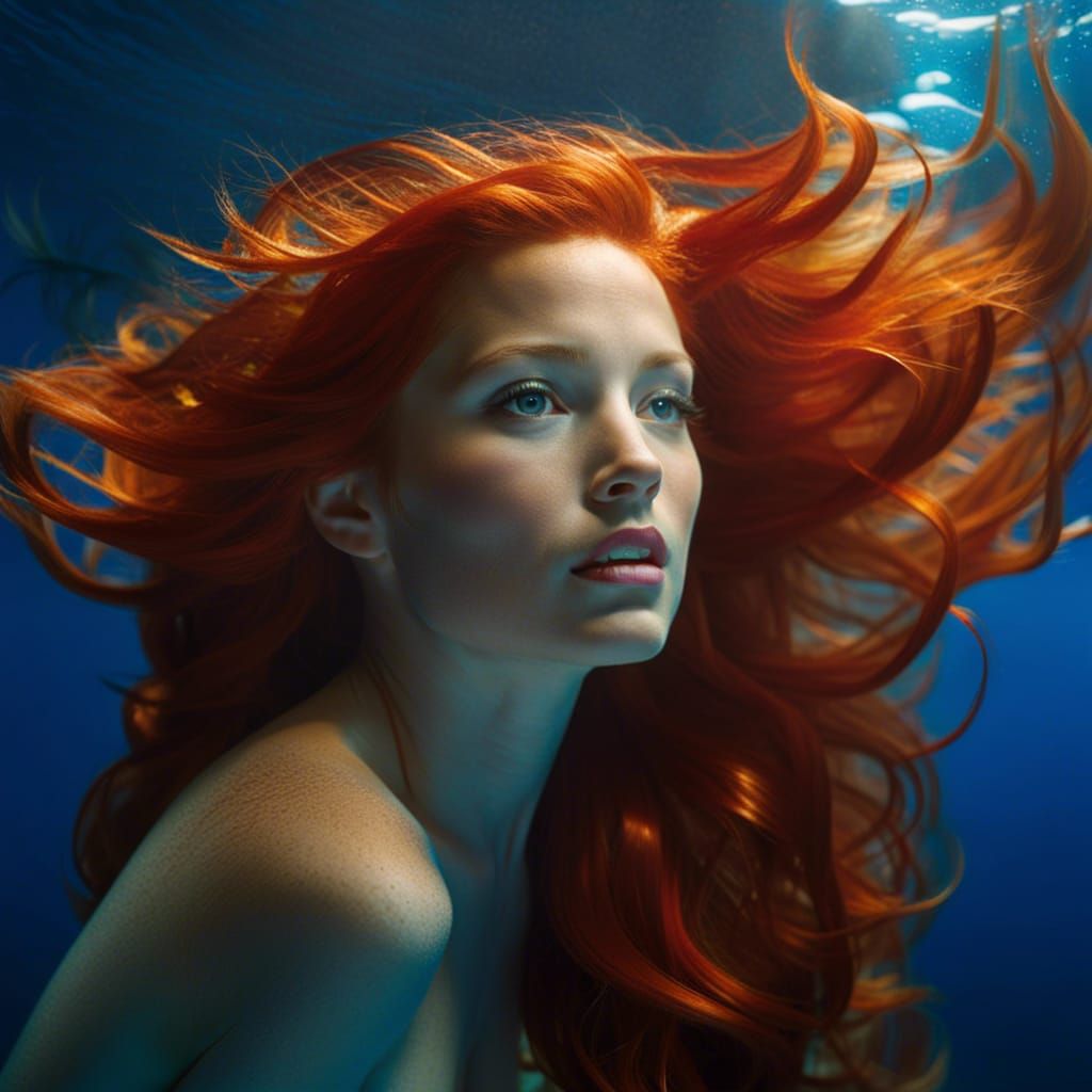 Mermaid with Red Hair in the Deep Sea