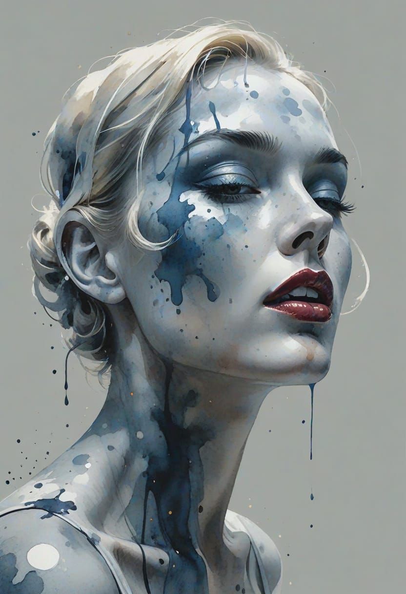 Pin-Up Woman in Watercolor and Ink Splatter Style