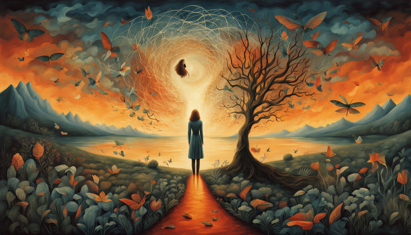 Glowing Human Bio Art Collage in Surreal Sunset Landscape