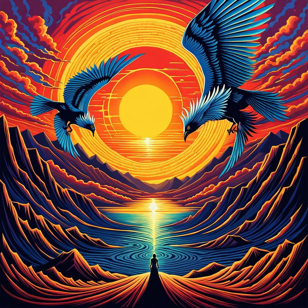 Winged Creatures in Surreal Sunset Landscape
