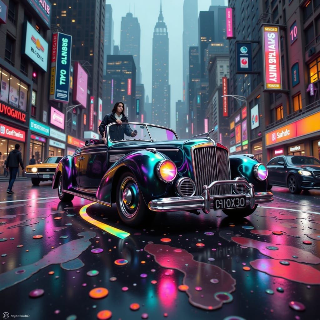 Surreal Rollercoaster Car Cruises Neon City Streets