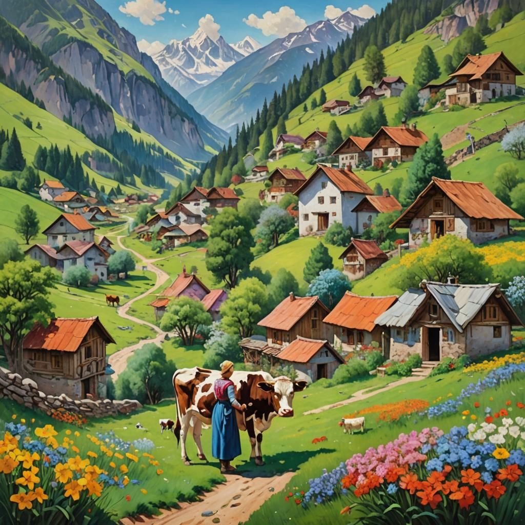 Idyllic Village Landscape with Woman Milking Cow