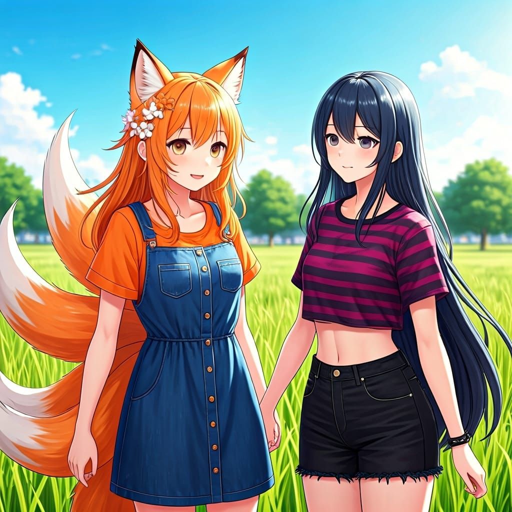 Anime Fox Girl Holding Hands in Sunny Park