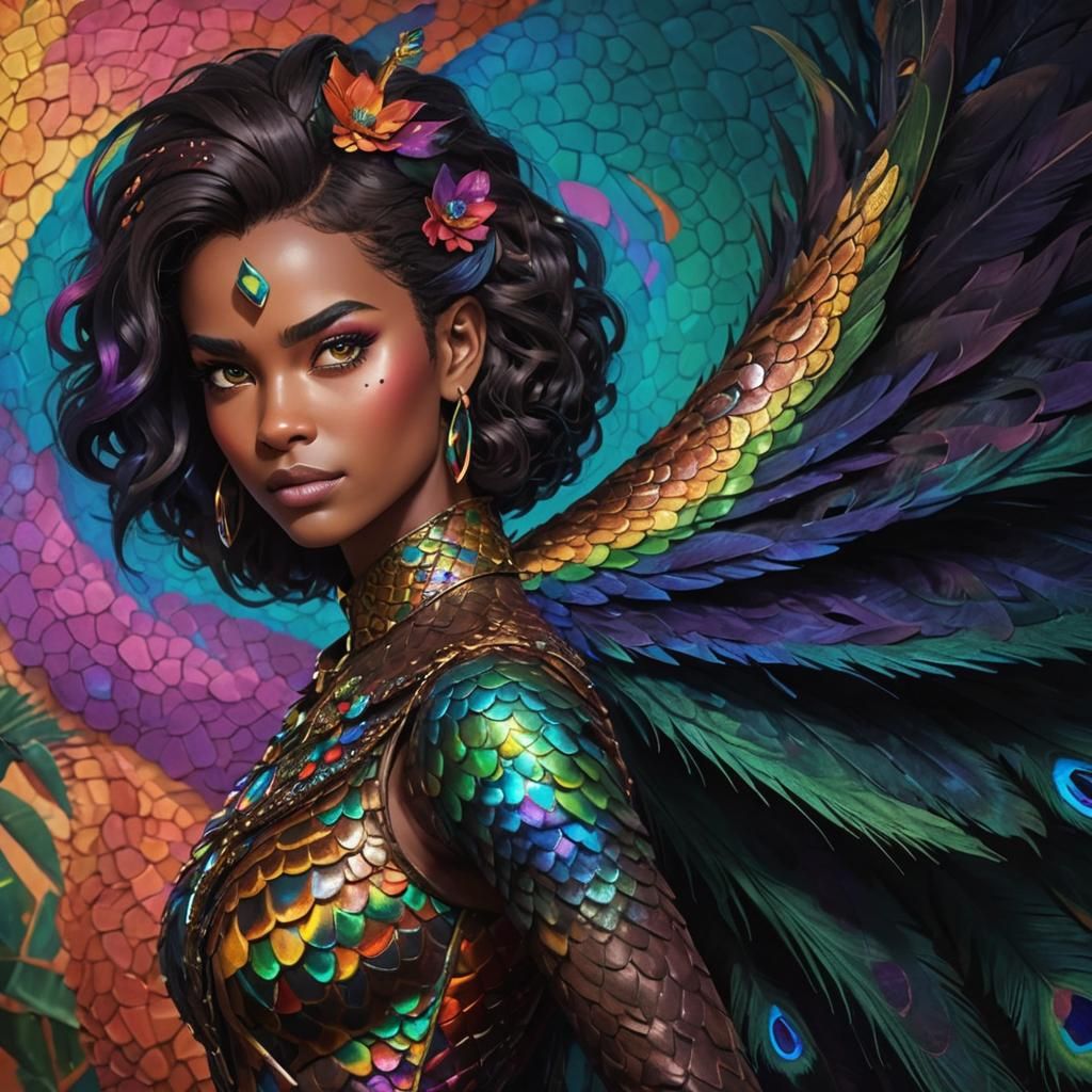 Colorful Dragon Scale Woman: 3D Digital Art