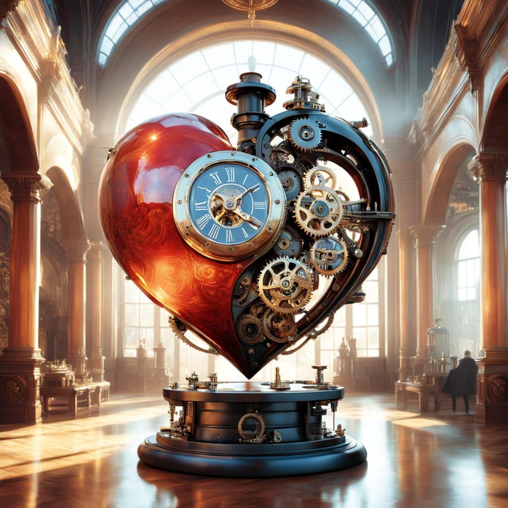 Floating steampunk heart with intricate clockwork mechanisms