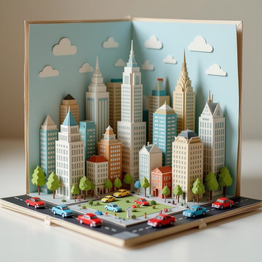 Paper City Pop-Up Diorama with Intricate Detail