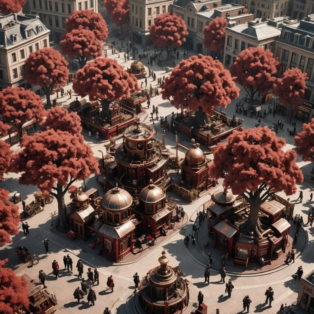 Steampunk city with mechanical trees
