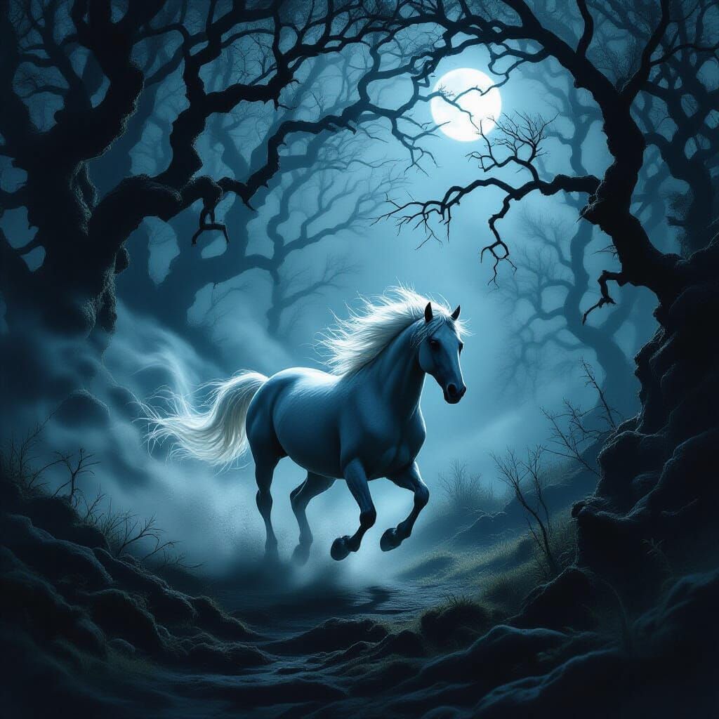 Spectral Horse Gallops Through Eerie Forest in Folklore Styl...