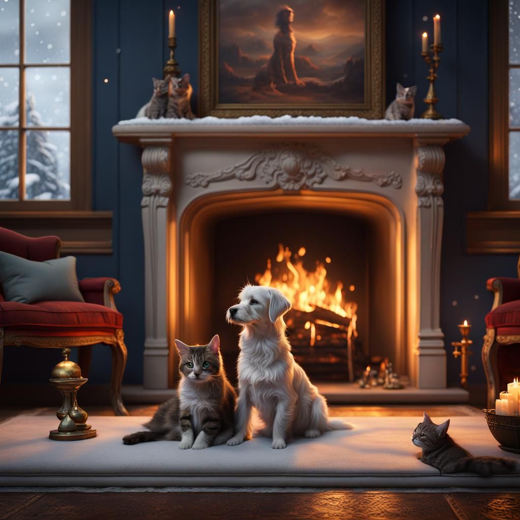 Dog and Cat by Fireplace: Fantasy Concept Art