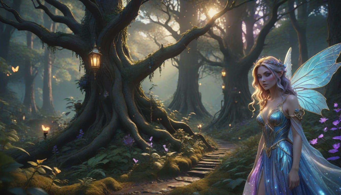 Enchanted Fairy Amidst Vibrant Twilight Forest