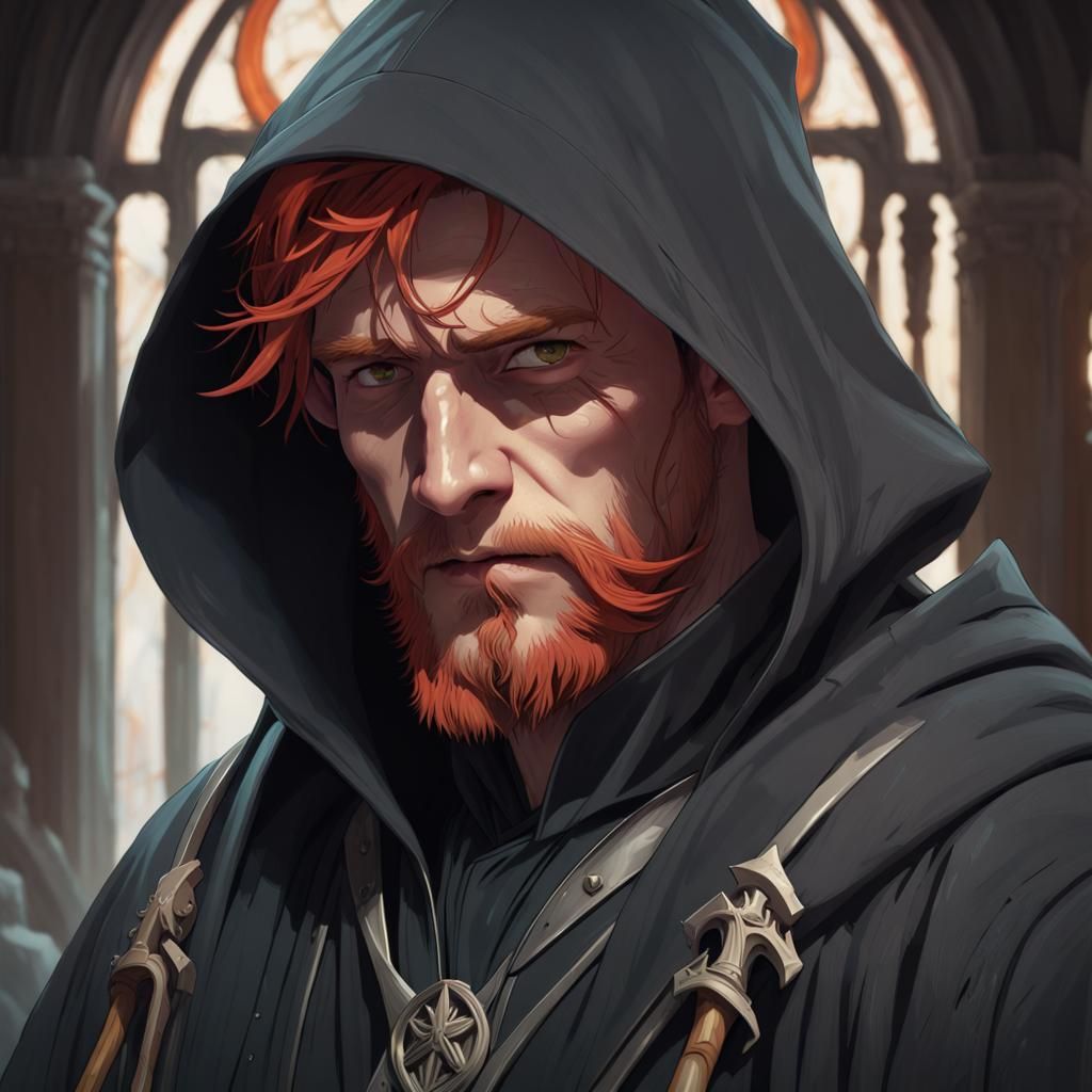 Red-Haired Reverend with Scythe: Hyperdetailed Portrait