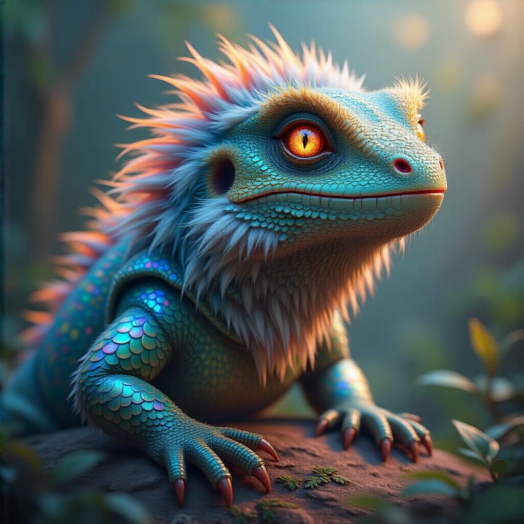 Fantastical Lizard-Mammal Hybrid in Moody Forest