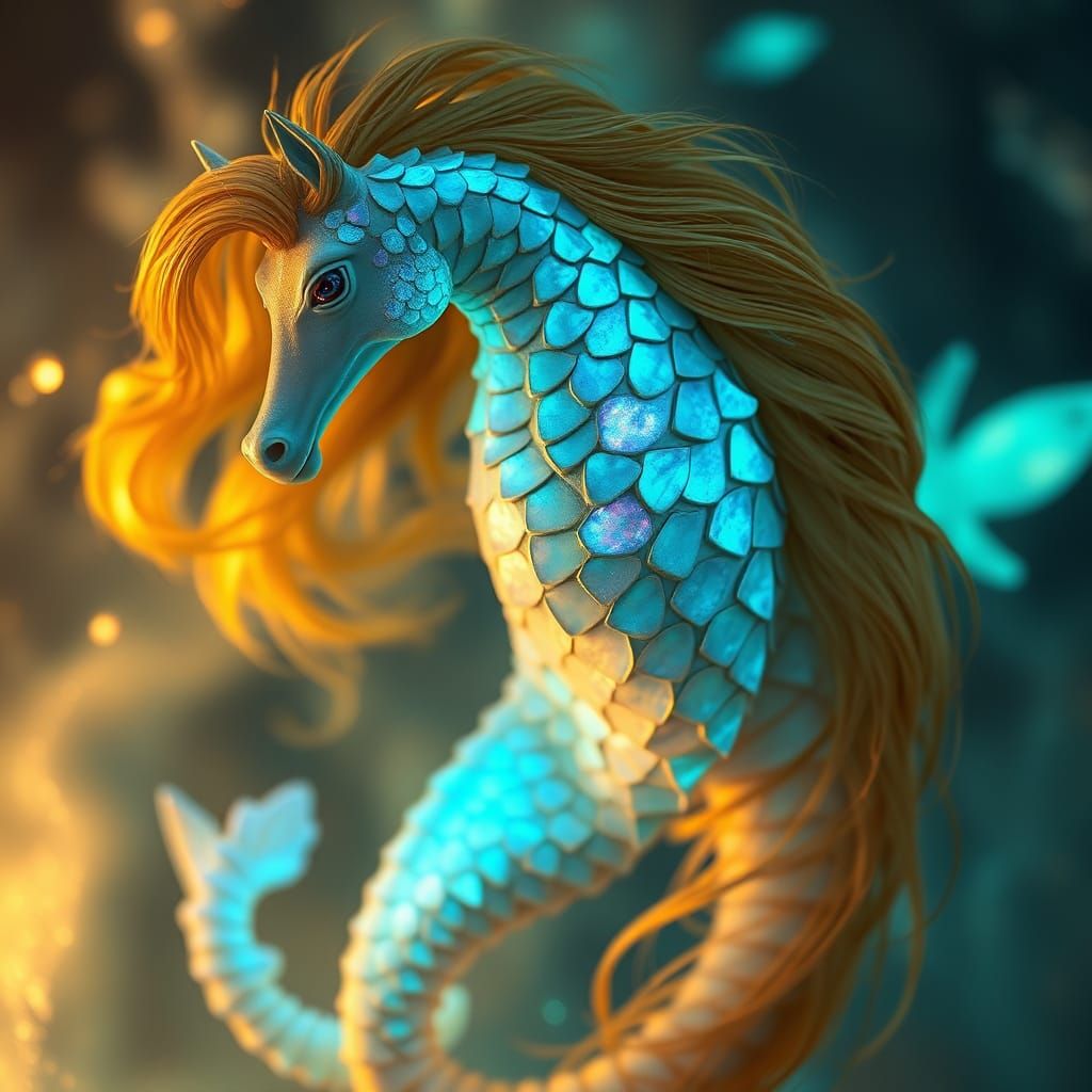 Bioluminescent Seahorse-Mermaid Hybrid in Dreamy Style