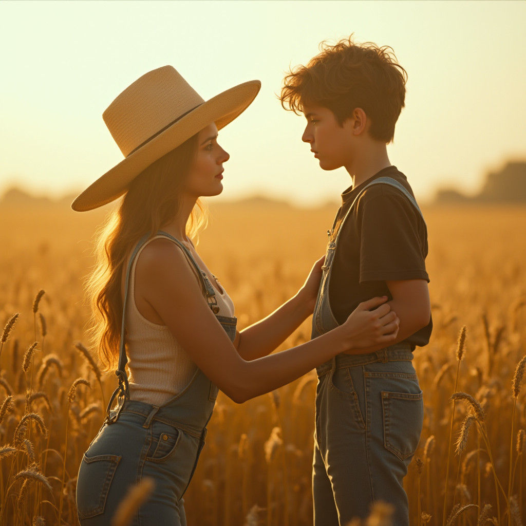 Woman Finds Boy in Wheat Field: Cinematic Still