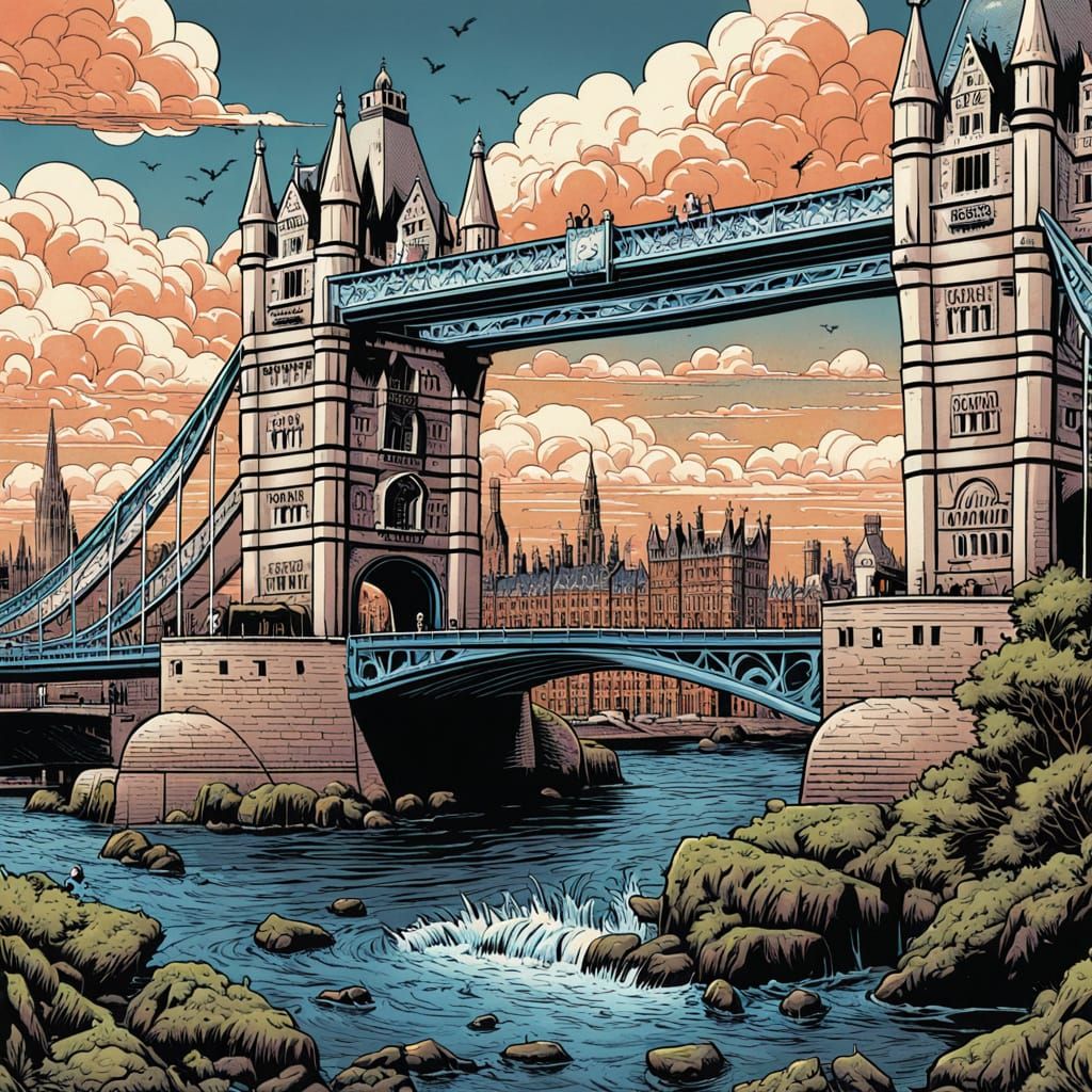 London Bridge Falls in Vibrant Comic Book Style