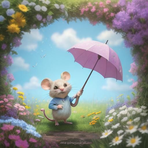 Cute Mouse Under Umbrella in Pixar Style