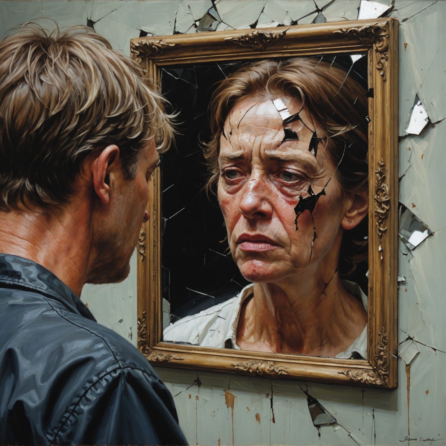 Shattered Reflections: Emotional Oil Painting of Despair