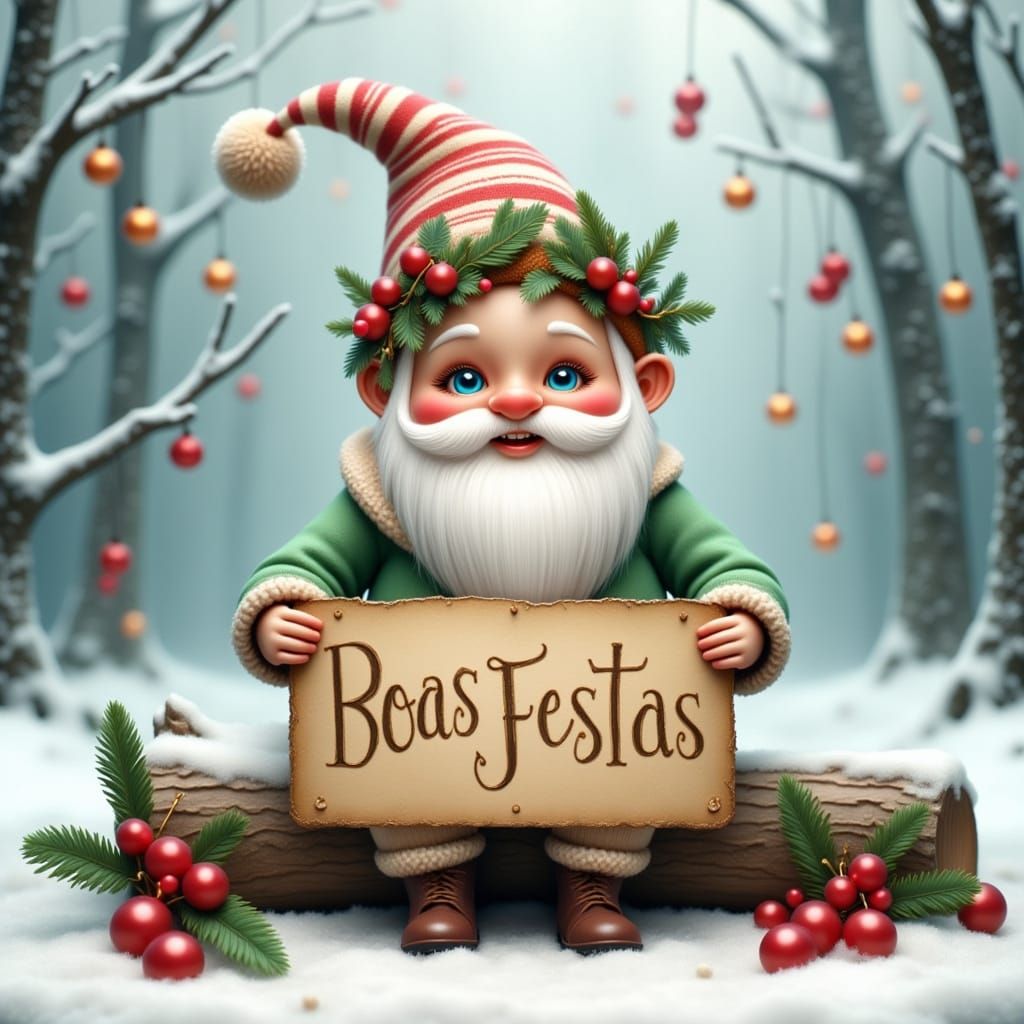 Adorable Winter Gnome Holding "Boas Festas" Sign
