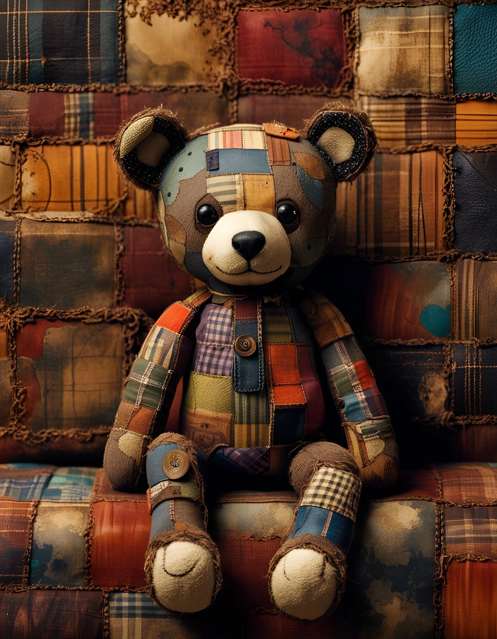 Handmade Teddy Bear on Patchwork Plaid
