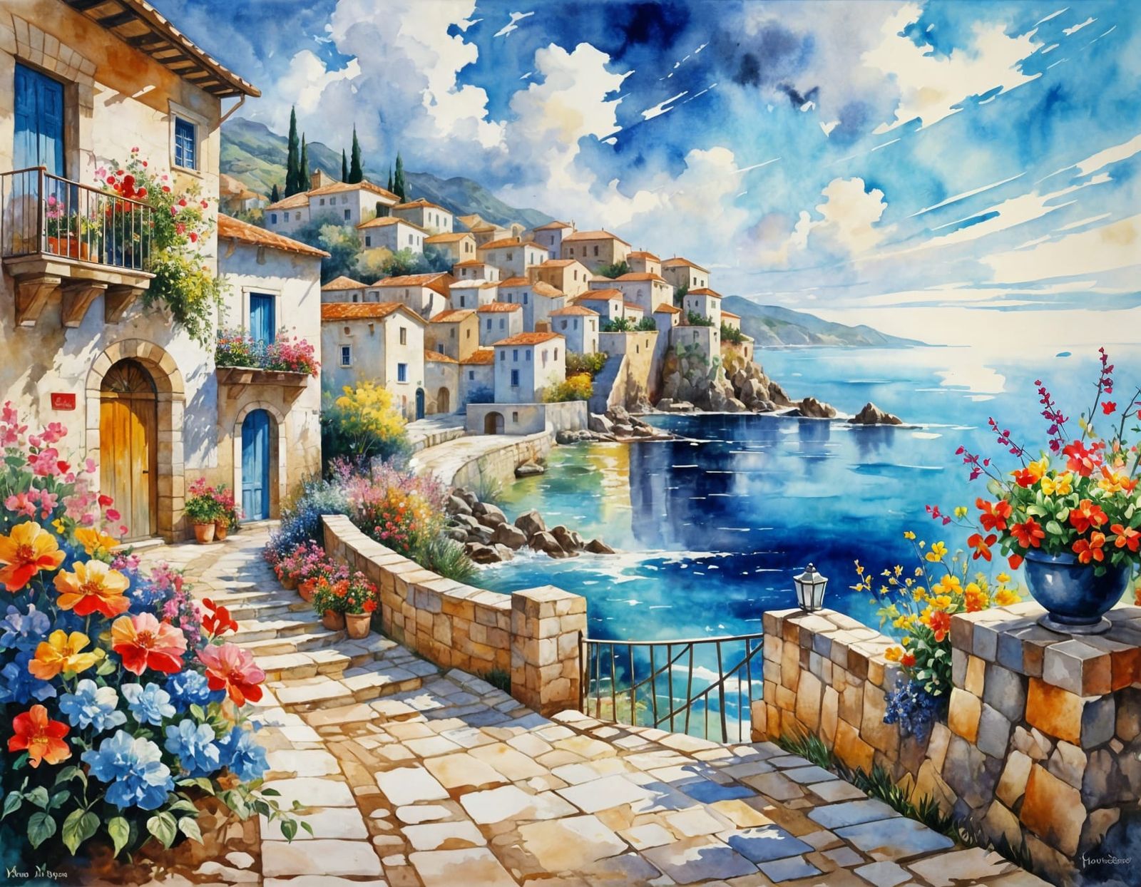 Mediterranean Seaside Village in Watercolor Style