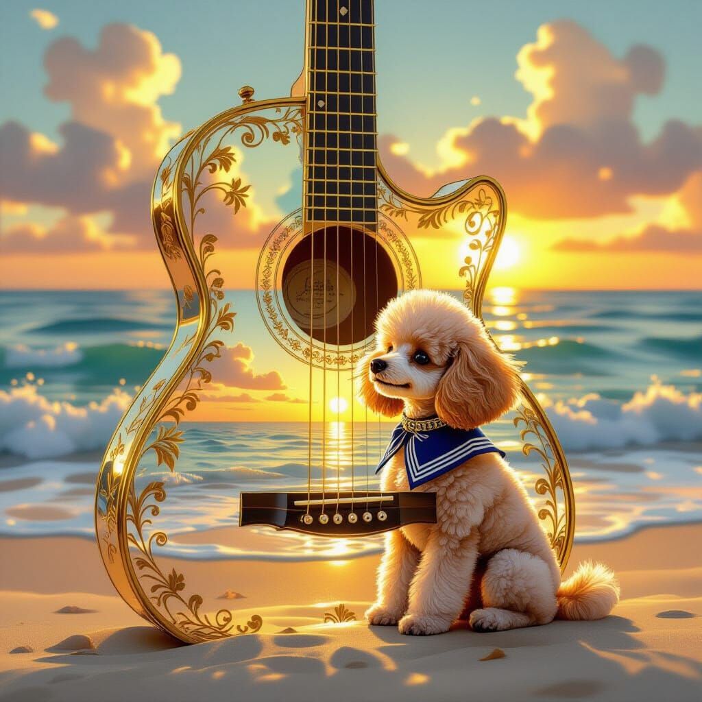 Gilded Glass Guitar with Poodle on Seashore at Sunset