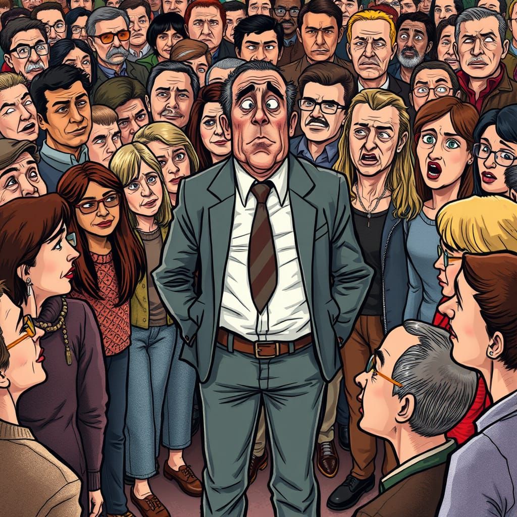 Distressed Man Humiliated by Crowd in Caricatural Social Hor...