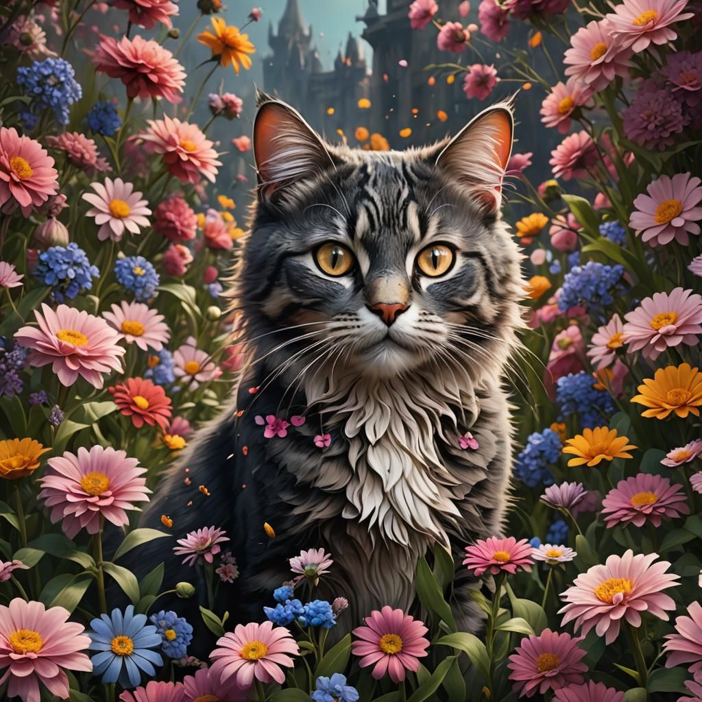 Cat in Flowers: Detailed Fantasy Concept Art