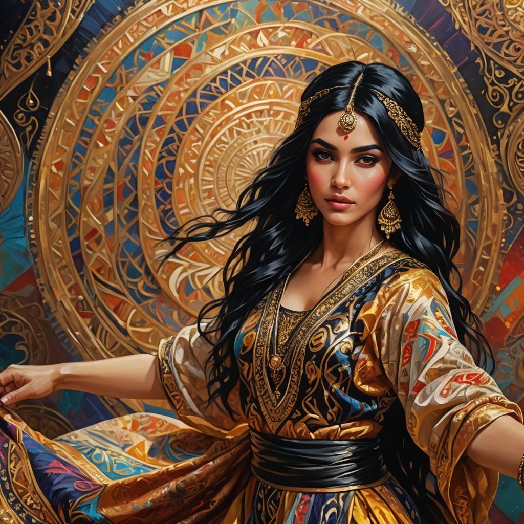Elegant Girl Dancing in Middle Eastern Inspired Oil Painting