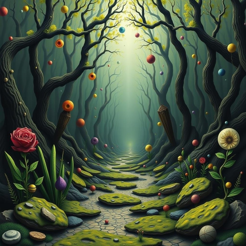 Ethereal Metal Dreamscape with Crystals and Moss