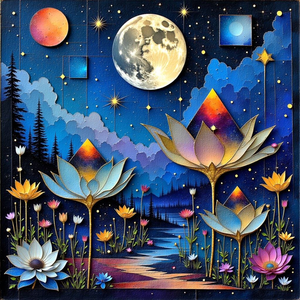 Cyanotype Moon with Duskmelt Marcasite Flowers