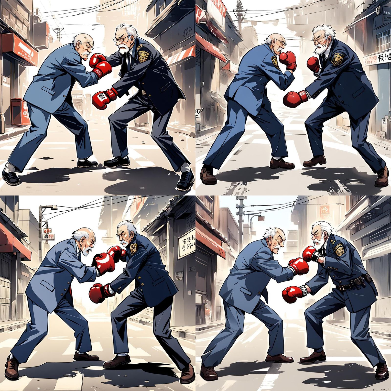 Elderly Boxer Confronts Officer in Anime Style