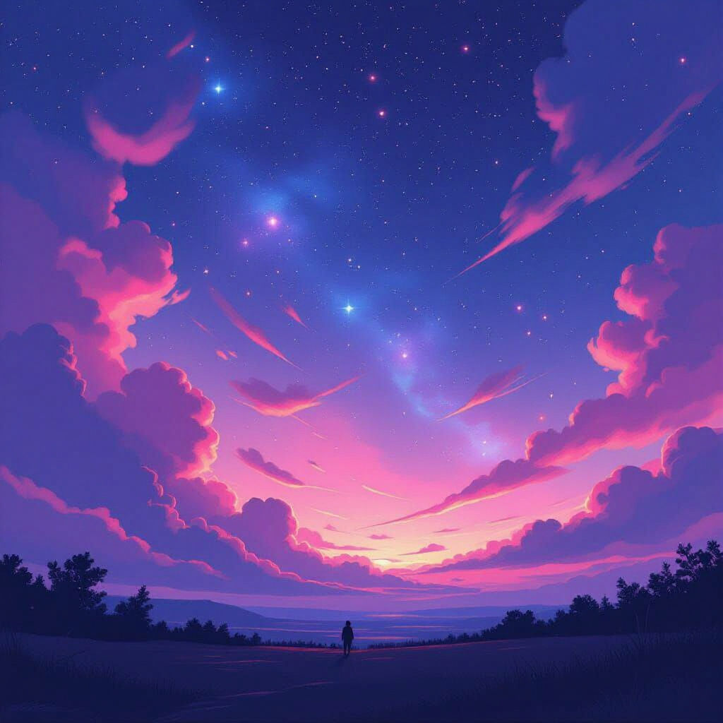 Pink and Purple Nebulae Swirling in Starry Night Sky