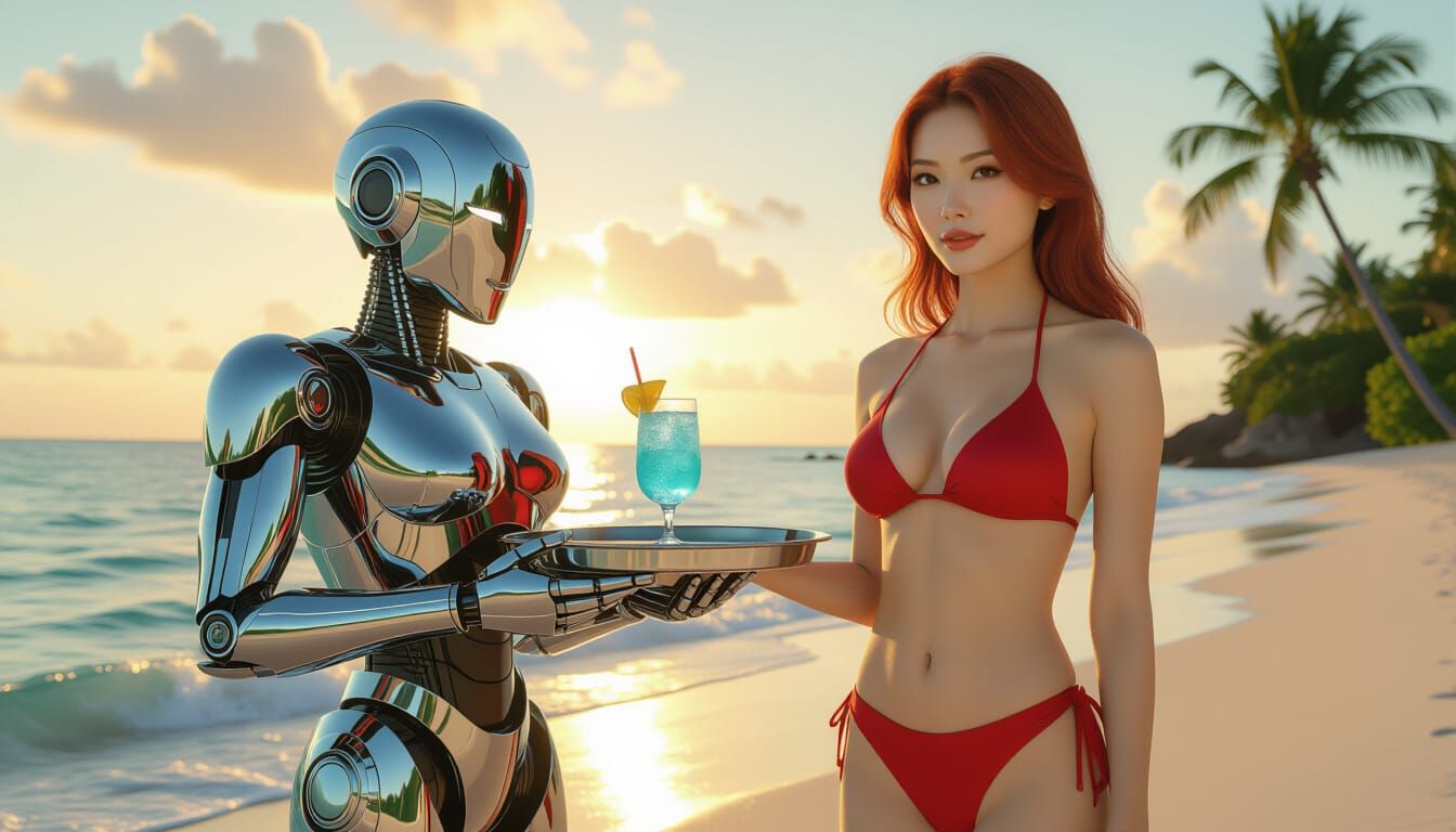 Asian Woman on Tropical Beach with Robot Server at Sunset