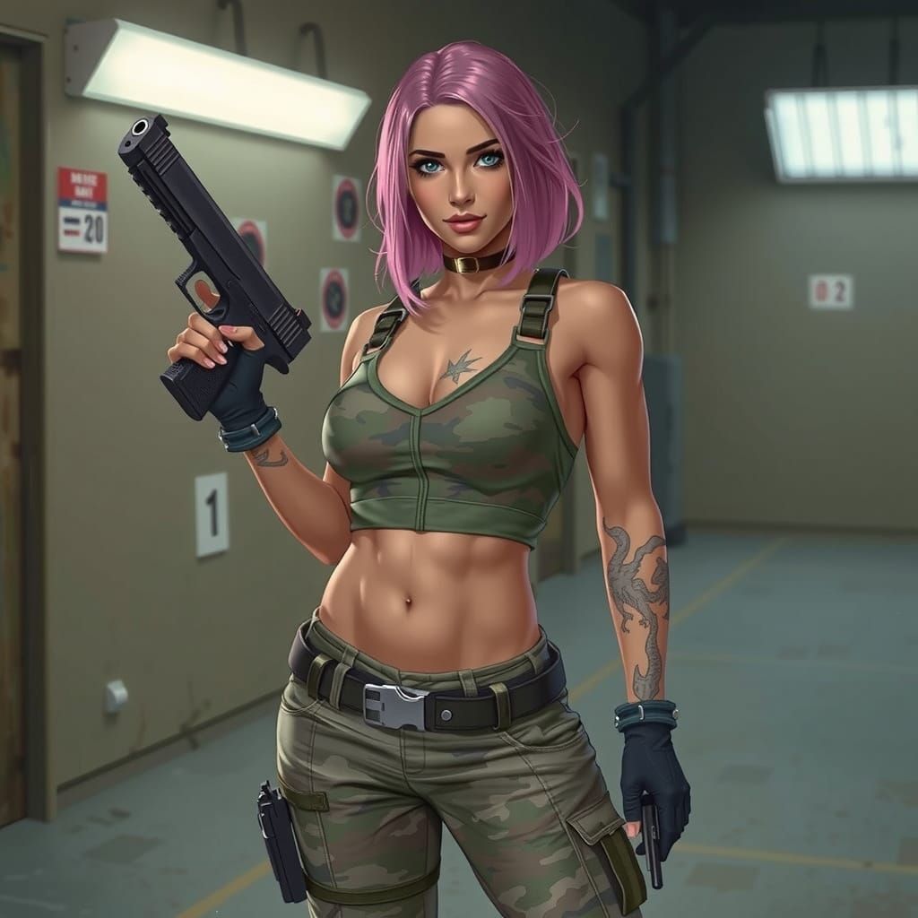 Camo Lara Croft with Desert Eagles, Comic Book Art