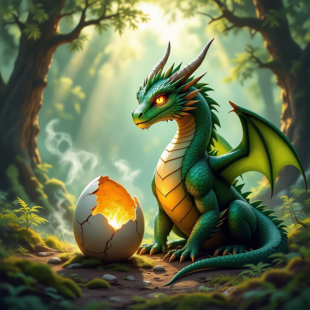 Emerald Dragon Guards Newly Hatched Egg in Sunlit Forest