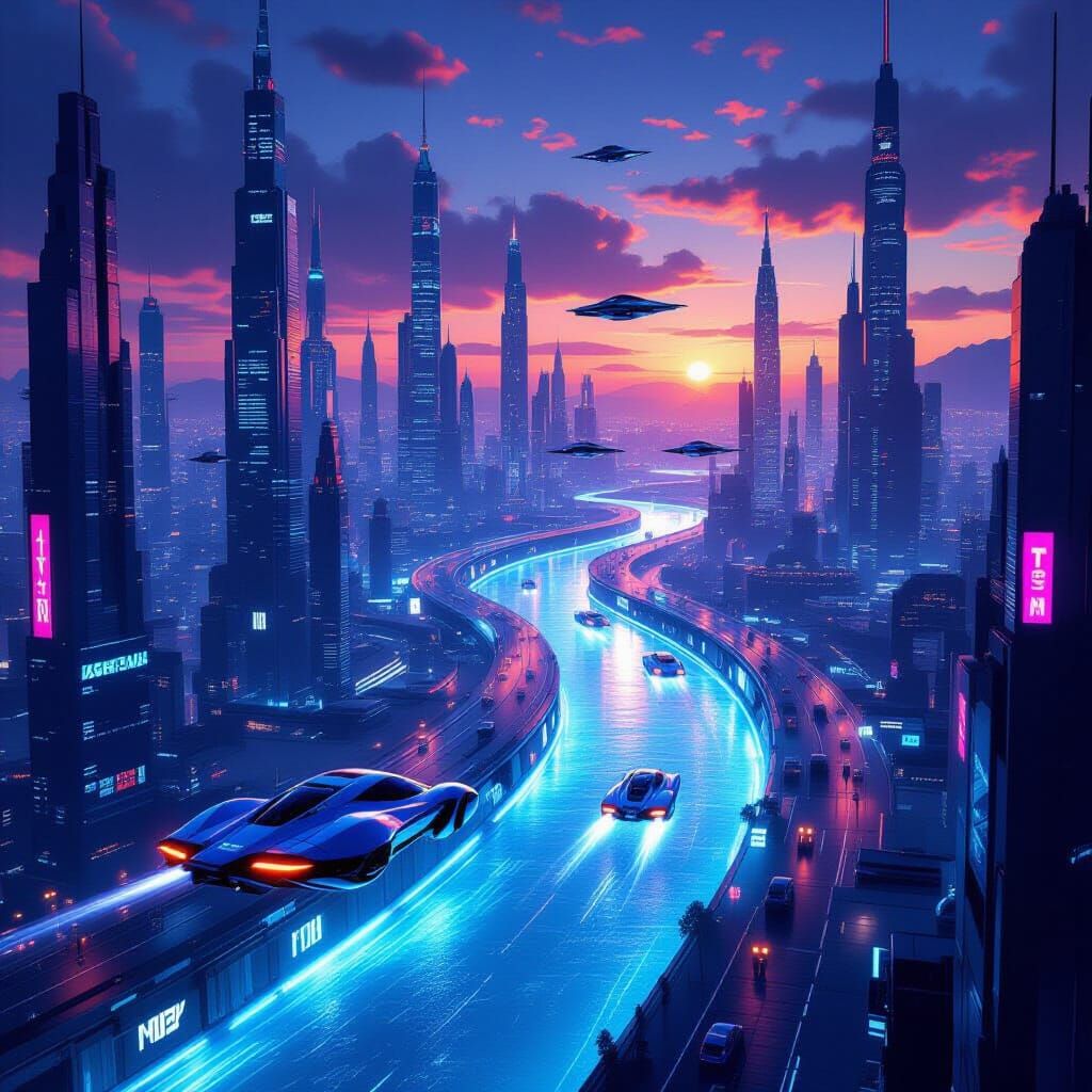 Futuristic Metropolis at Dusk in Cyberpunk Style