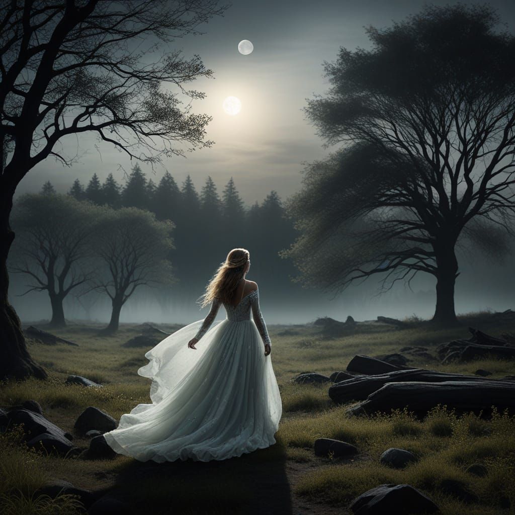 Ethereal Woman in Moonlit Mist, Digital Matte Painting