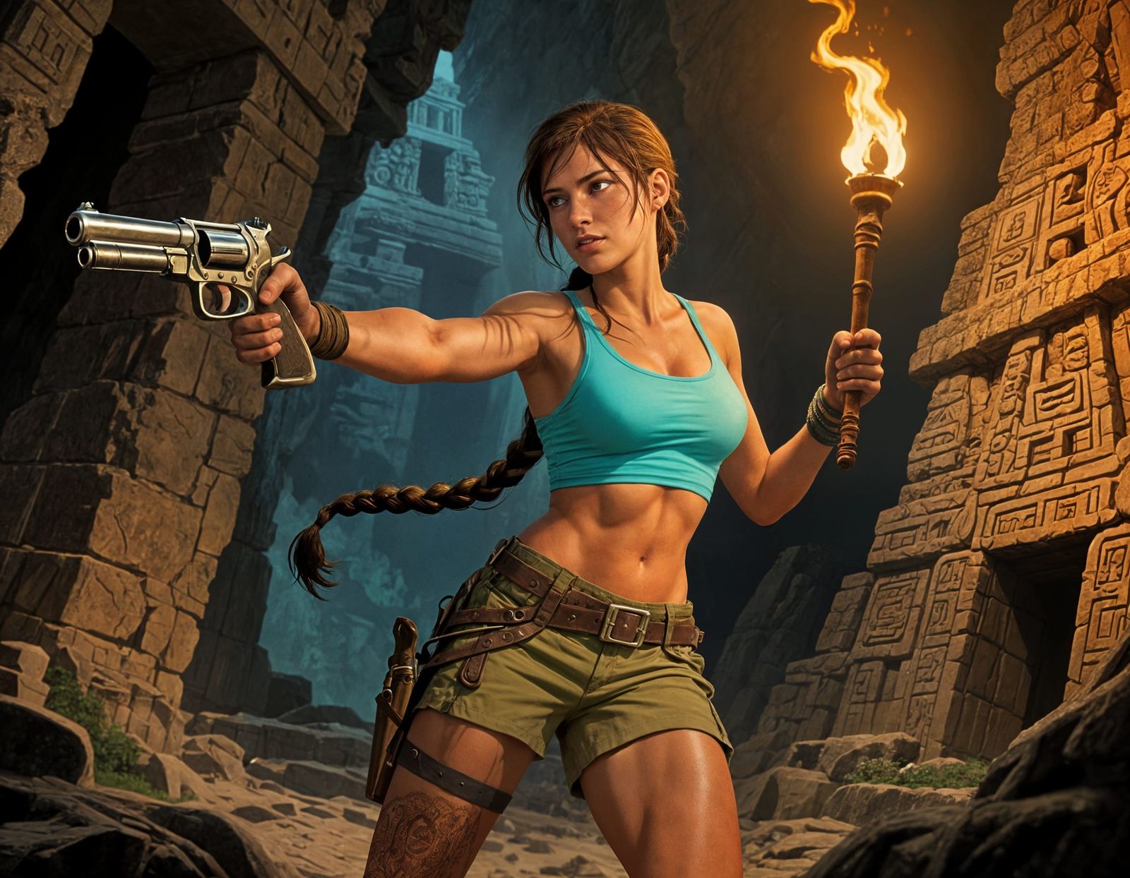Lara Croft Explores Ancient Ruins with Torch and Gun