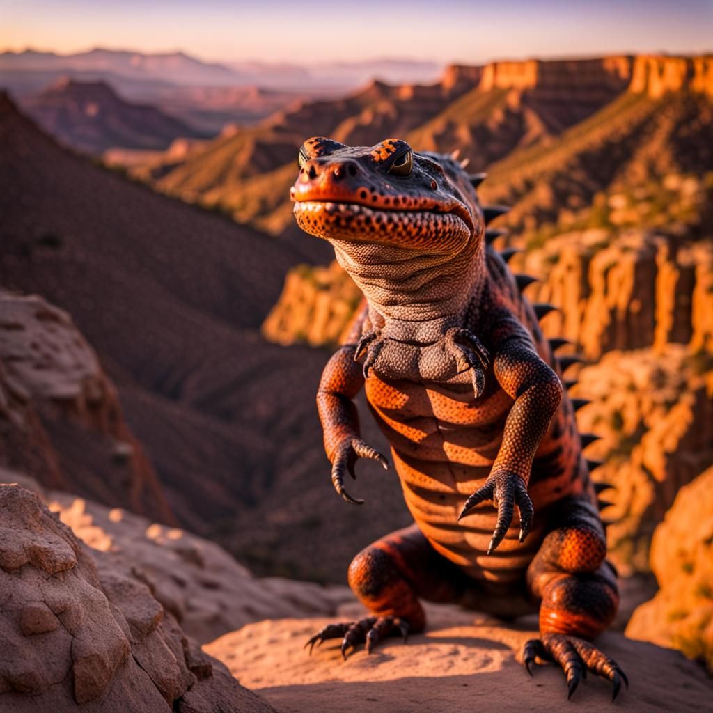 Anthropomorphic Gila Monster in Canyon at Sunset