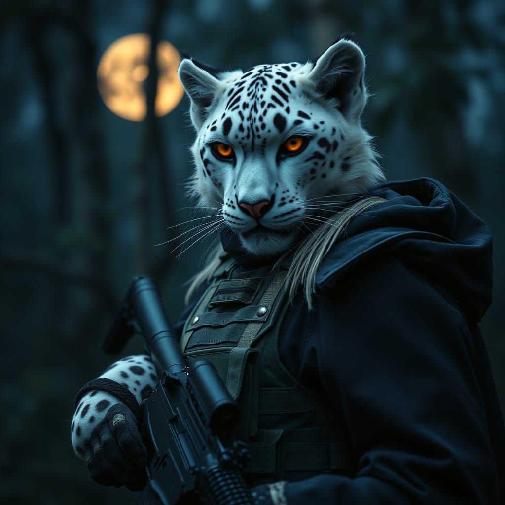 Snow Leopard Vampire Soldier in Amazon, Cinematic Film Still