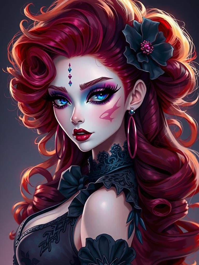 Gothic Woman with Neon Lighting and Face Tattoo