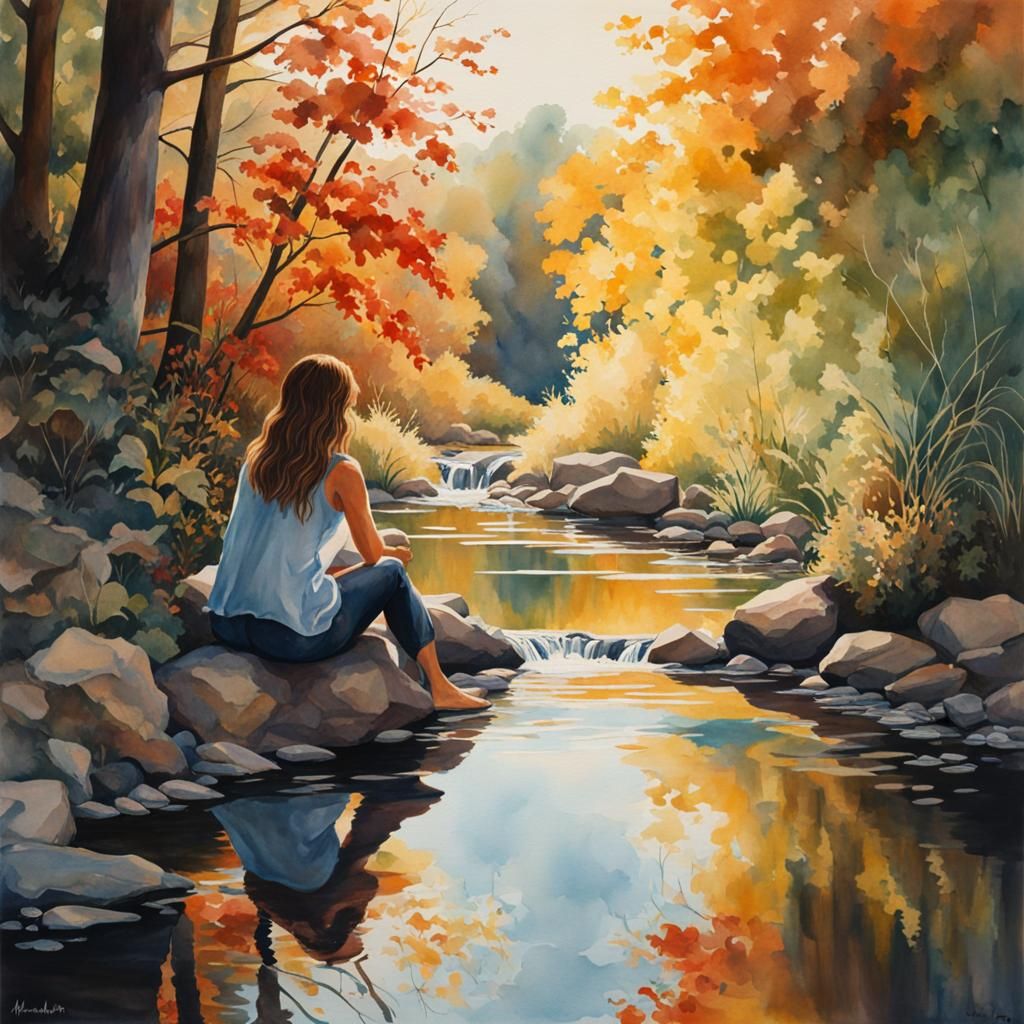 Woman's Past Reflection in Watercolor Style