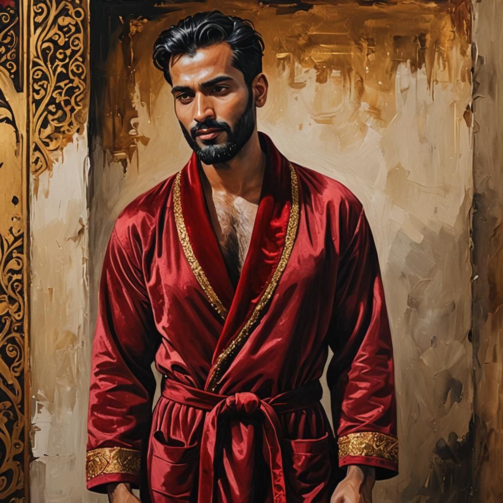 Handsome Man in Red Velvet Bathrobe: Oil Painting