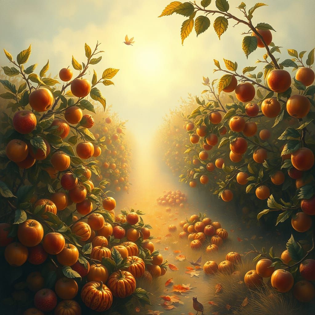 Enchanted Autumn Orchard with Luminous Harvest
