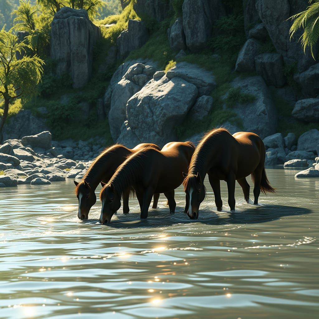 Horses in a Serene River Landscape, in a 3D Game Cinematic S...
